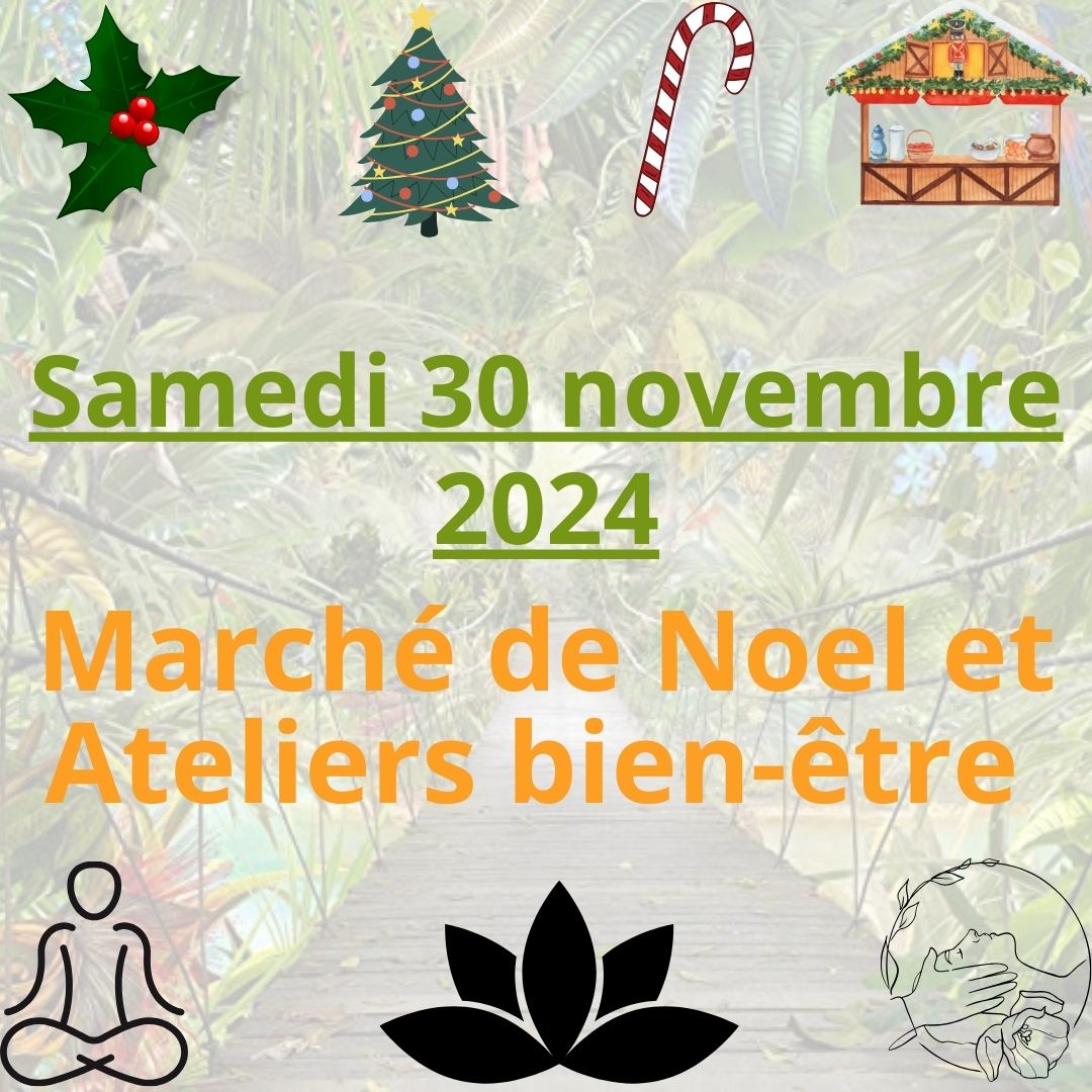 Affiche donnant des informations à propos du Marché de Noël et Ateliers bien-être prevu le 30 novembre 2024